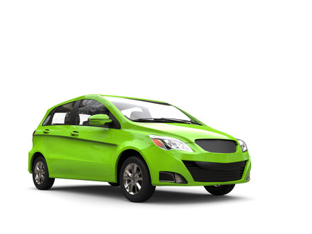 Modern small compact economic car in bright green color - isolated on white backgroundの写真素材