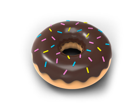 Chocolate donut with blue, pink and yellow sprinkles on topの写真素材