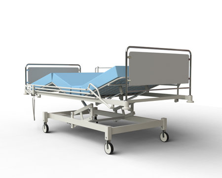 Big hospital bed with blue mattress and all the equipment - back viewの写真素材