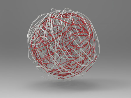 Big ball of entangled red and blue wires - on light backgroundの写真素材