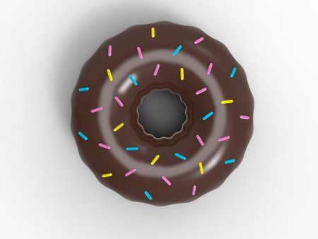 Chocolate donut with colorful sprinkles on top - top down viewの写真素材