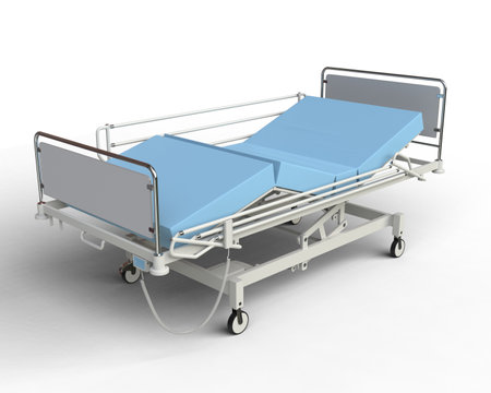 Big hospital bed with blue mattress and all the equipmentの写真素材