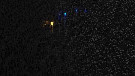 Abstract dark city landscape - aerial view - with yellow and blue buildings glowing in the distanceの写真素材