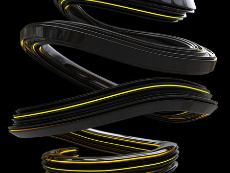 Abstract shiny black curve shape with glowing yellow line around it - isolated on black background - 3D Illustrationの写真素材