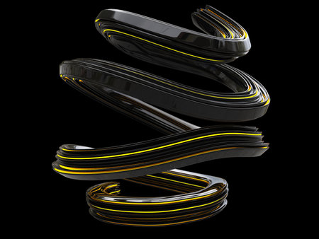 Abstract shiny black curve shape with glowing yellow lines in it - isolated on black background - 3D Illustrationの写真素材