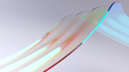 Transparent glossy glass ribbon on light background. Thin film curved shape in motion. Design element for backgrounds - 3D render abstract backgroundの写真素材