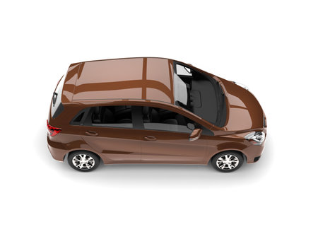 Light brown modern small compact car - top down view - 3D Illustrationの写真素材