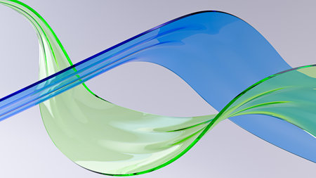 Transparent blue and green glass ribbons on light background. Shiny glass surface curved shapes in motion. Design element for backgrounds - 3D render abstract backgroundの写真素材