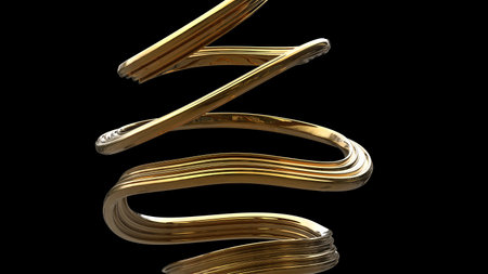 Abstract golden curve shape coiling around itself - shape coiling around itself - 3D Illustration isolated on black background isolated on black backgroundの写真素材