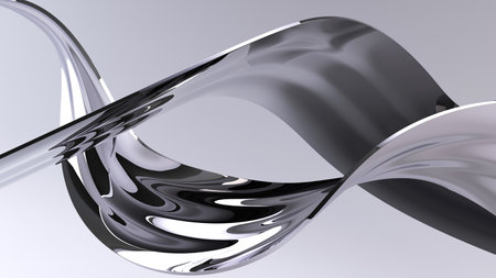 Chrome and liquid metal shiny ribbons on light background. Shiny chrome surface curved shapes in motion. Design element for backgrounds - 3D render abstract backgroundの写真素材