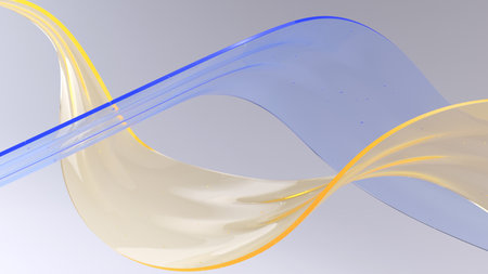 Transparent blue and yellow glass ribbons on light background. Shiny glass surface curved shapes in motion. Design element for backgrounds - 3D render abstract backgroundの写真素材