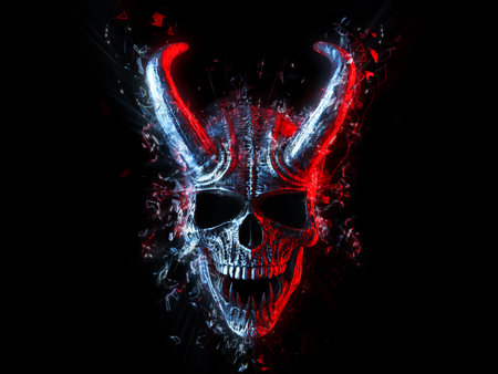Laughing demon skull in cyber neon styleの写真素材