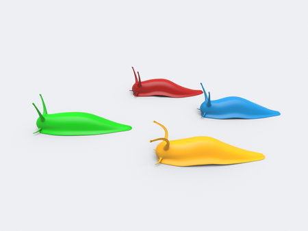 Joyful and colorful slugs in a race - isolated on white backgroundの写真素材