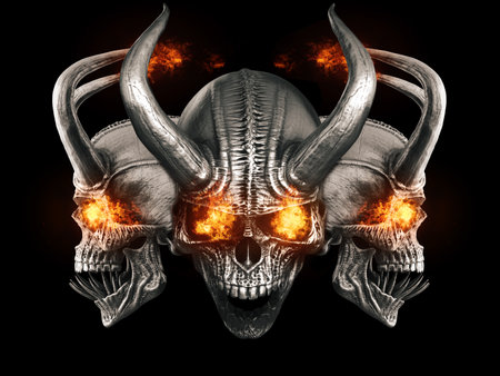 Heavy metal demon skulls with infernal flaming eyesの写真素材