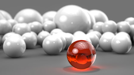 Glowing red crystal ball stands out from the bunch of white generic ballsの写真素材