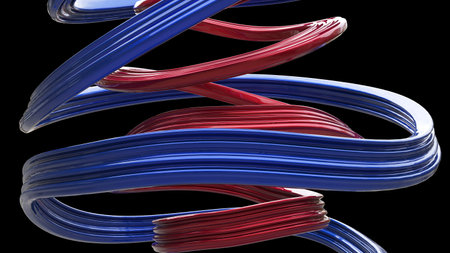Abstract curvy shapes in metallic red and blue - closeup - 3D Illustration