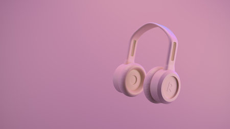 Pink headphones on a soft pink pastel background. 3d illustration for music services, audio equipment stores. Listening to audio onlineの写真素材