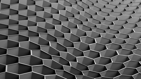 Abstract background in the form of a honeycomb. Black background in the style of futurism. 3D rendering illustrationの写真素材