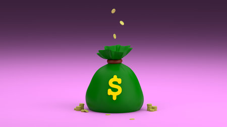 A cartoon green money bag with a dollar sign is filled to the brim with coins and tied tightly. Several coins are lying around. Money bag on purple background. 3D rendering illustrationの写真素材