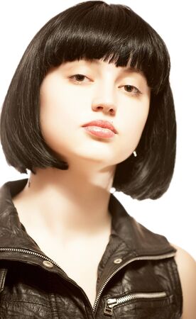 Young beautiful woman with black hair, isolatedの写真素材