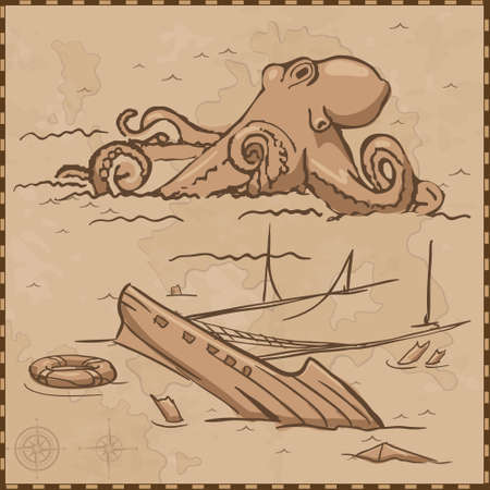 ship and octopus map vintageのイラスト素材