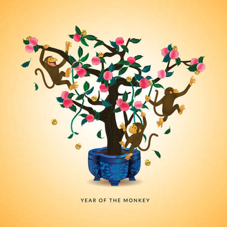 Year of the Monkey and Longevity Peach treeのイラスト素材