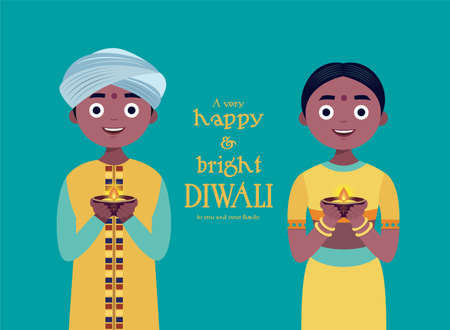 Cute Cartoon Indian boy and girl holding diya oil lamp celebrating the festival of lights Diwali or Deepavali.のイラスト素材