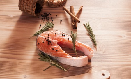 fresh raw salmon on woodenの写真素材