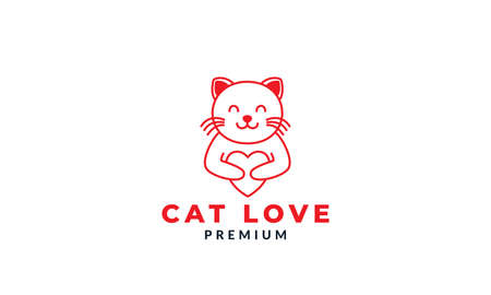 cat or kitty or kitten or pet hold love heart cute cartoon logo  vector illustration designのイラスト素材