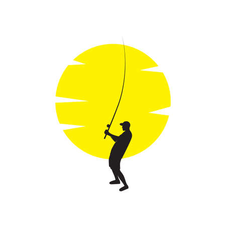 silhouette young man fishing with sunset logo design, vector graphic symbol icon illustration creative ideaのイラスト素材