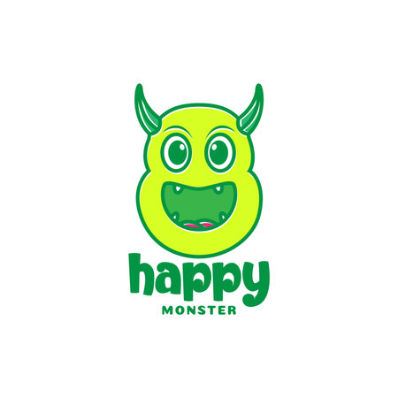 yellow monster head with big smile and horn logo design vector graphic symbol icon illustration creative ideaのイラスト素材
