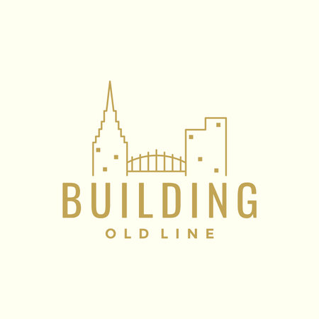 old building line with bridge hipster logo design vector graphic symbol icon illustration creative ideaのイラスト素材