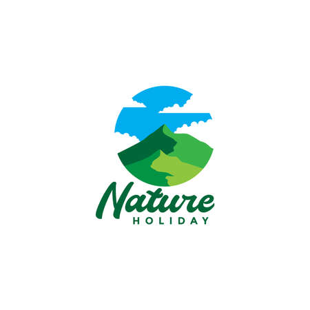 circle with colorful sky and hill green nature logo design vector graphic symbol icon illustration creative ideaのイラスト素材