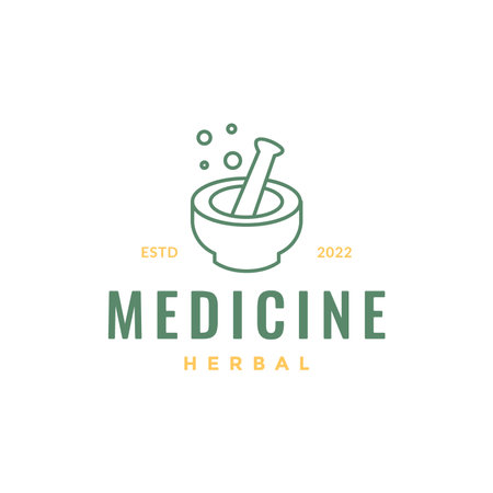 traditional nature medicine herbal leaves bowl line minimal logo design vectorのイラスト素材