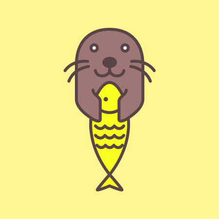 seal pup catching fish cute mascot cartoon minimal abstract modern colorful logo icon vector illustrationのイラスト素材