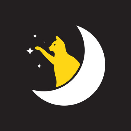 cat pets night crescent stars modern minimal mascot logo vector icon illustrationのイラスト素材