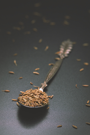 Dried Cumin Spice In An Iron Spoon On A Black Background. Vintage. Rustic. Dark Style. Close-Up. Macro. Shallow Depth Of Field. Free Space For Text.の写真素材