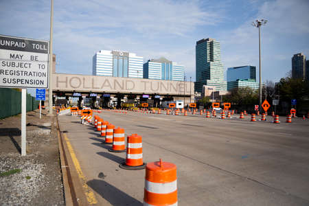 Jersey City, NJ - April 12 2020: The Holland Tunnel entrance into NYC with no cars entering. Reduced...