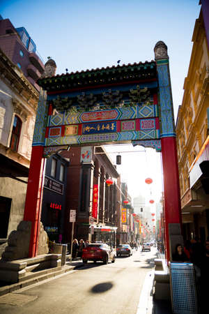 Melbourne, Victoria - December 2 2019: Views of Chinatown during golden hour with people outのeditorial素材