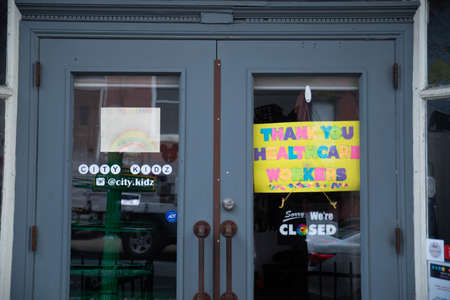 Hoboken, NJ - April 27 2020: A sign in the street in front of a store that reads thank u healthcare...