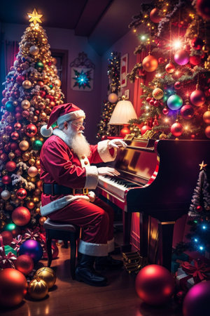 Santa Claus playing the piano at home. Christmas and New Year concept.の素材