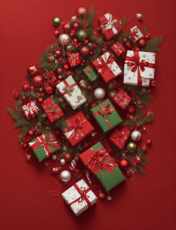 Christmas tree with gift boxes on red background. Flat lay, top viewの素材