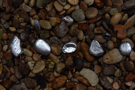 Silver pebbles in line among common pebblesの写真素材