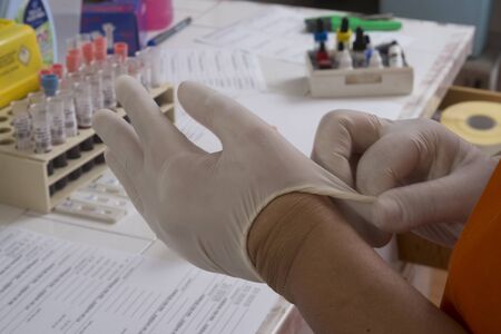 Laboratory: gloved handsの写真素材