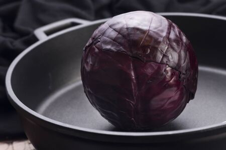 Red cabbage in a big panの写真素材