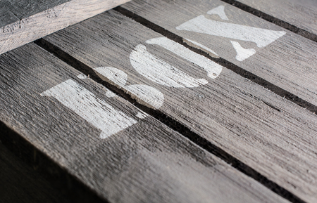 Angled Macro Of Wood Panels With A BOX Logoの写真素材