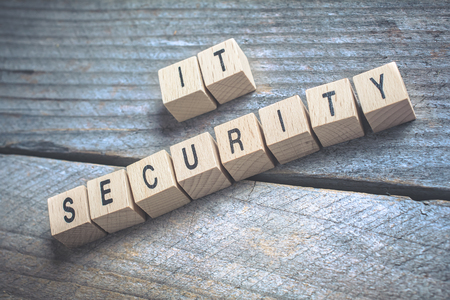 Macro Of The Words IT Security Formed By Wooden Blocks On A Wooden Floorの写真素材