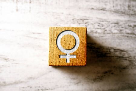 Gender Icon For Female On An Orange Wooden Block On Tableの写真素材