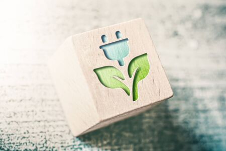 Clean Eco Power Icon On Wooden Block On A Tableの写真素材