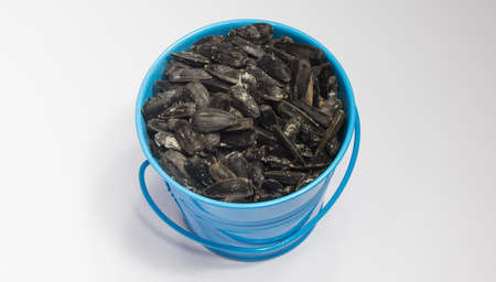 Small bucket with sunflower seeds view from aboveの写真素材